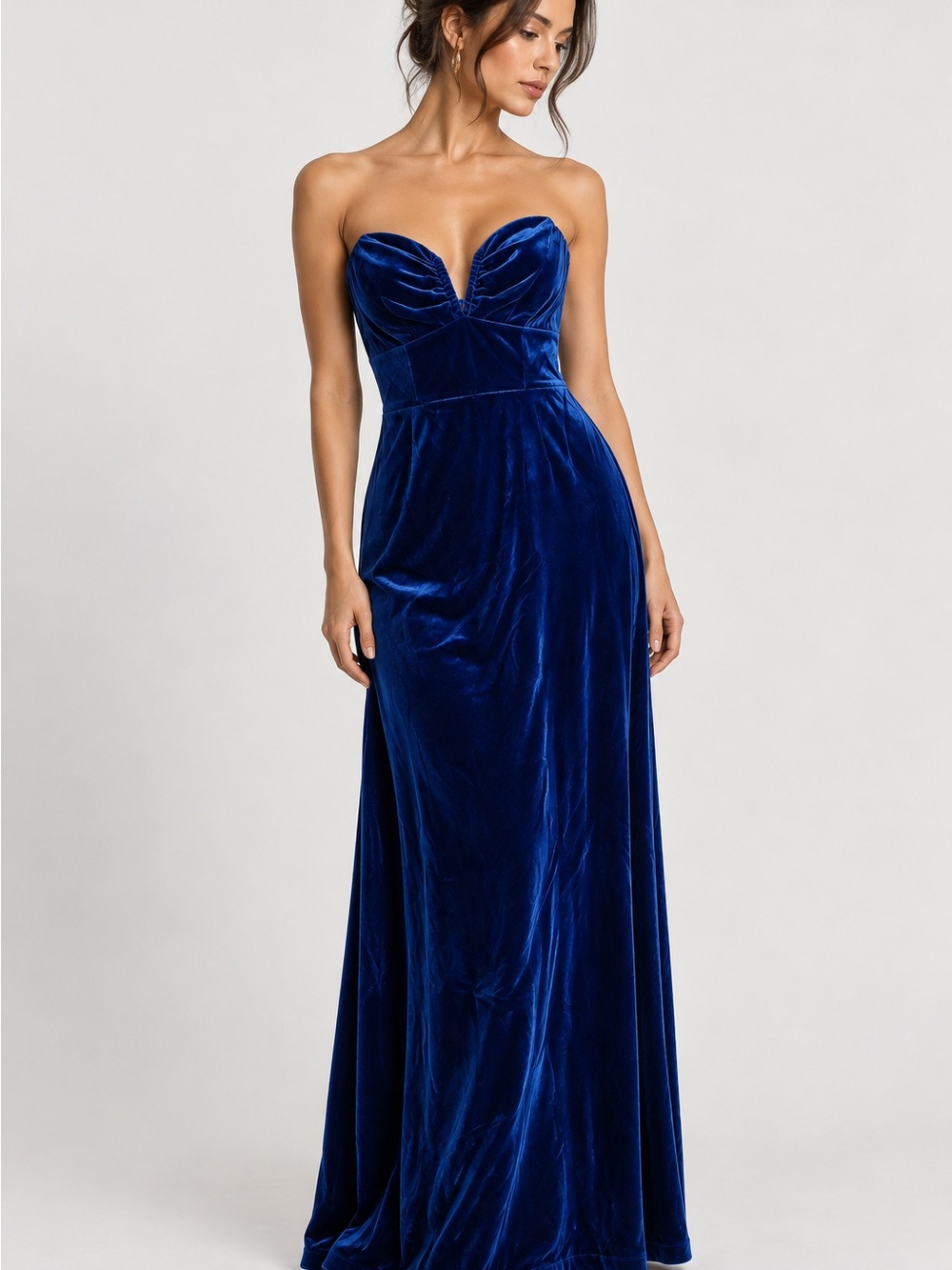 Commense Blue Velvet Ruched Maxi Dress.